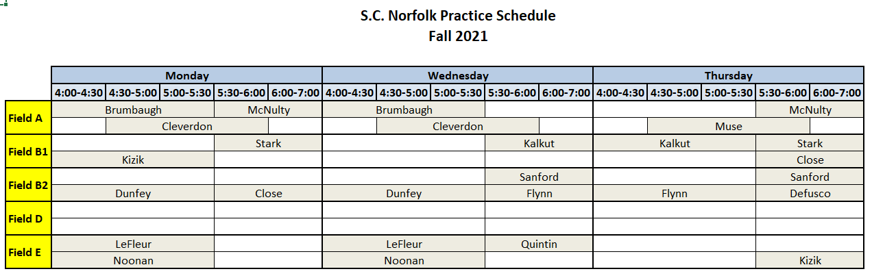 Fall 2021 Practice Schedule